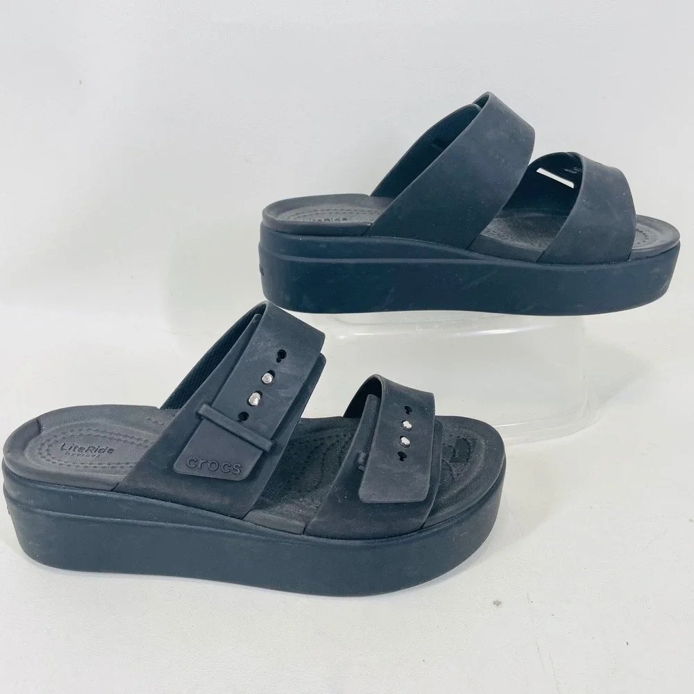 Crocs LiteRide Black Platform Sandals Women 6 Studded Double Strap Slide 207431
